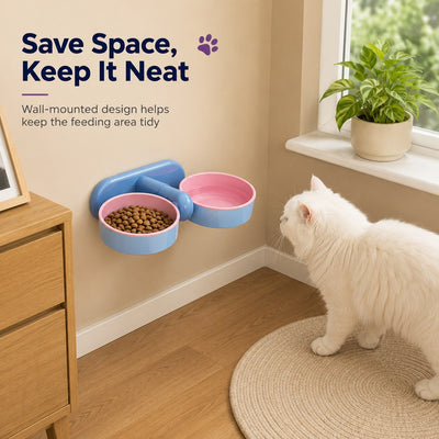 Malloren Adjustable Elevated Pet Bowl for Cats & Small Dogs - Space-Saving Wall-Mount or Freestanding Feeder for Cleaner Mealtimes