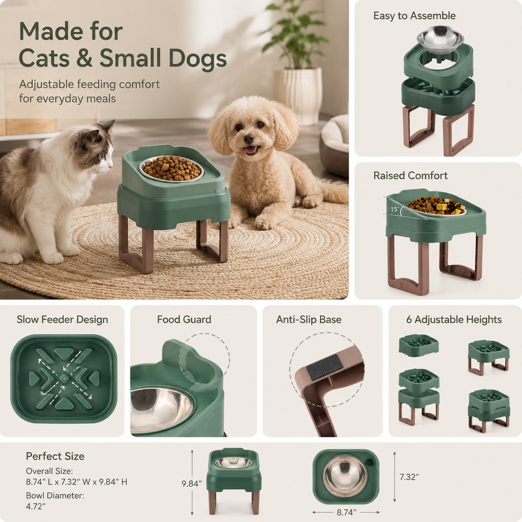 Malloren Adjustable Elevated Slow Feeder Pet Bowl for Cats & Small Dogs - Less Mess, Slower Meals & Easy Cleaning