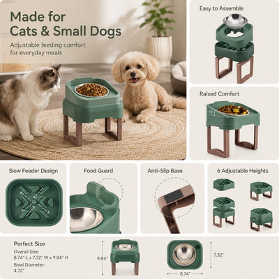 Malloren Adjustable Elevated Slow Feeder Pet Bowl for Cats & Small Dogs - Less Mess, Slower Meals & Easy Cleaning
