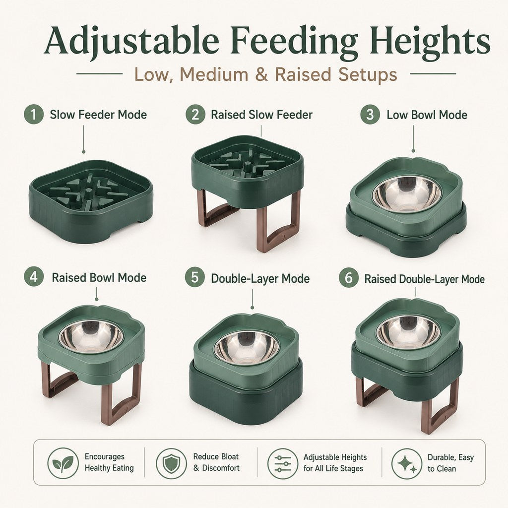 Malloren Adjustable Elevated Slow Feeder Pet Bowl for Cats & Small Dogs - Less Mess, Slower Meals & Easy Cleaning