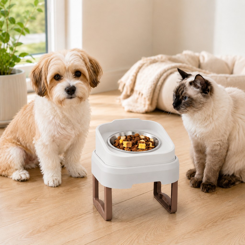Malloren Adjustable Elevated Slow Feeder Pet Bowl for Cats & Small Dogs - Less Mess, Slower Meals & Easy Cleaning