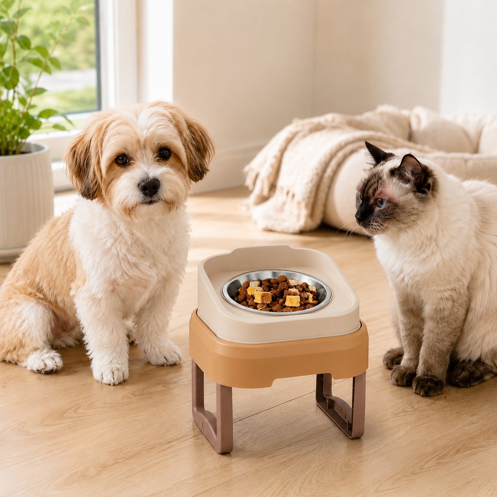 Malloren Adjustable Elevated Slow Feeder Pet Bowl for Cats & Small Dogs - Less Mess, Slower Meals & Easy Cleaning
