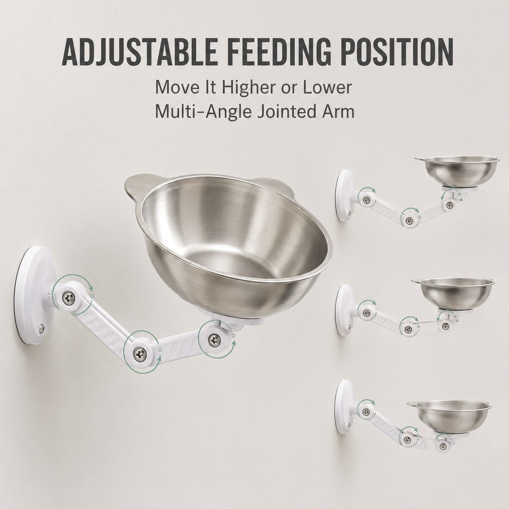 Malloren Adjustable Wall-Mounted Pet Bowl for Cats & Small Dogs - Space-Saving Magnetic Stainless Steel Bowl