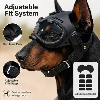 Malloren K9 Tactical-Style Dog Helmet with Goggles for Hiking & Outdoor Training - Helps Shield Eyes from Wind, Dust & Trail Debris