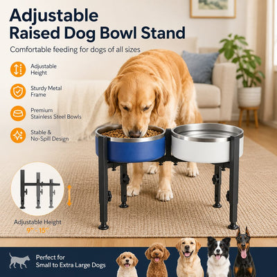 Malloren Adjustable Raised Dog Bowl Stand for Home Feeding - No-Bend Metal Pet Bowl Holder for Cleaner, More Comfortable Meals
