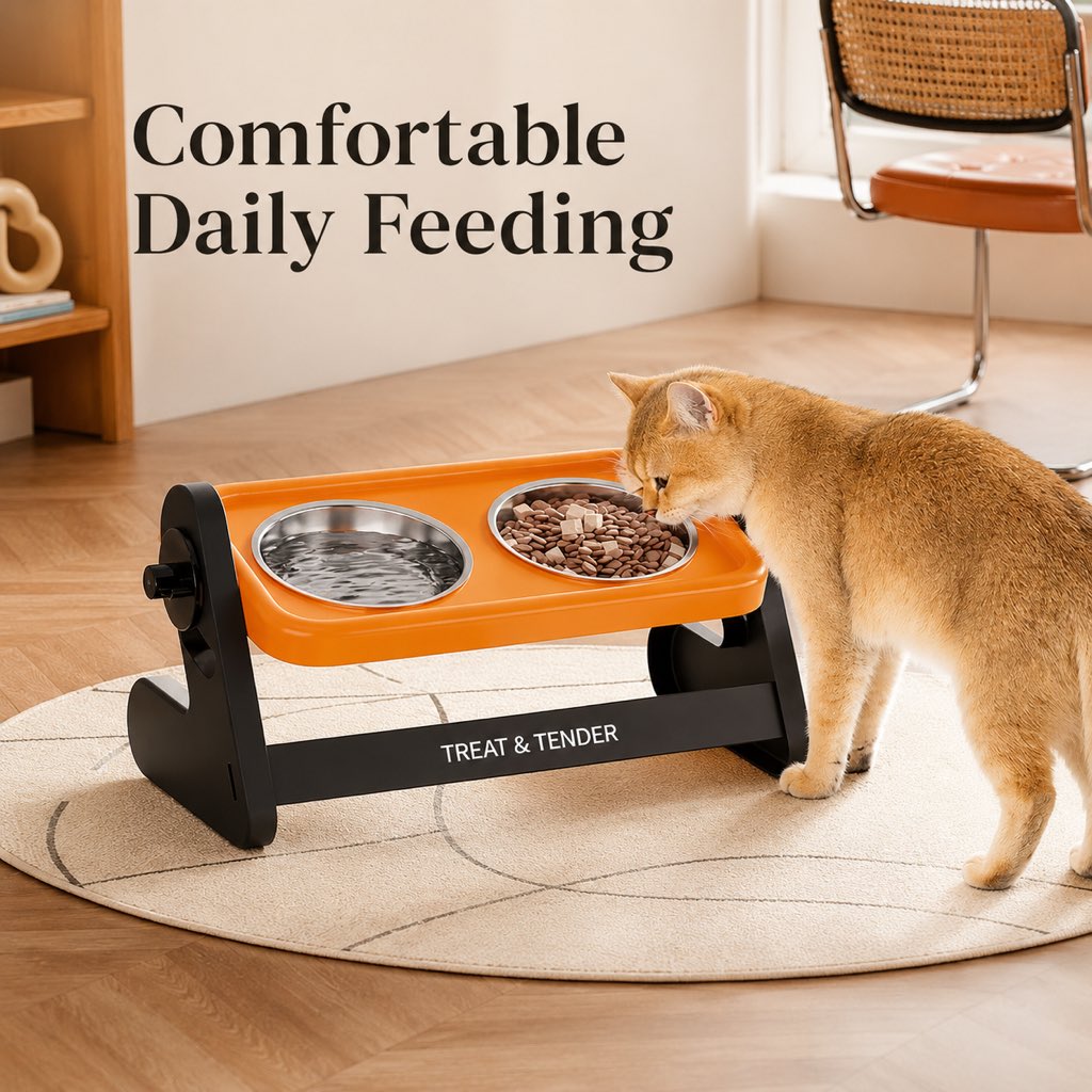 Malloren Adjustable Elevated Stainless Steel Pet Bowls for Cats & Small Dogs - Tilted Feeding Station for Easier Mealtime & Less Floor Mess