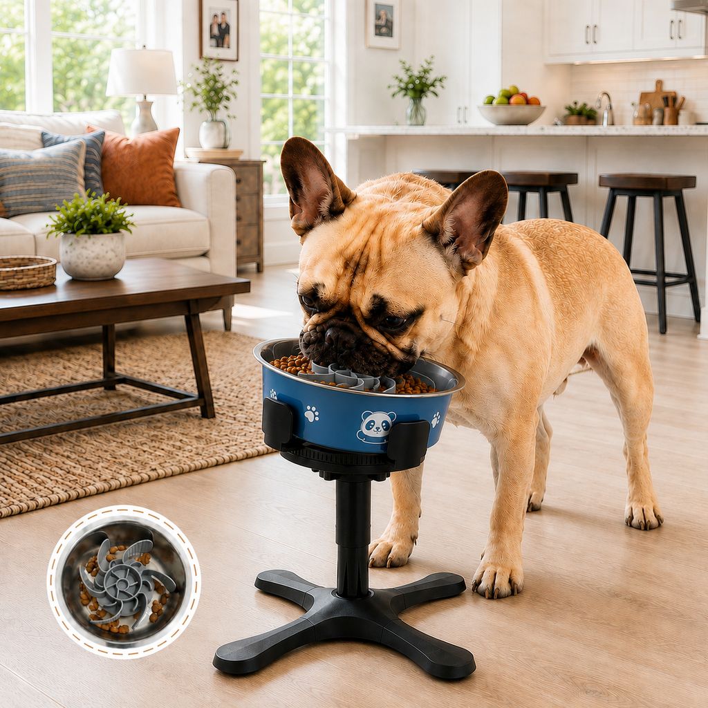 Malloren French Bulldog Adjustable Elevated Tilted Dog Bowl for Kitchen Feeding Corners - 3-Height Stand with Slow Feeder Insert to Reduce Neck Bending & Mess