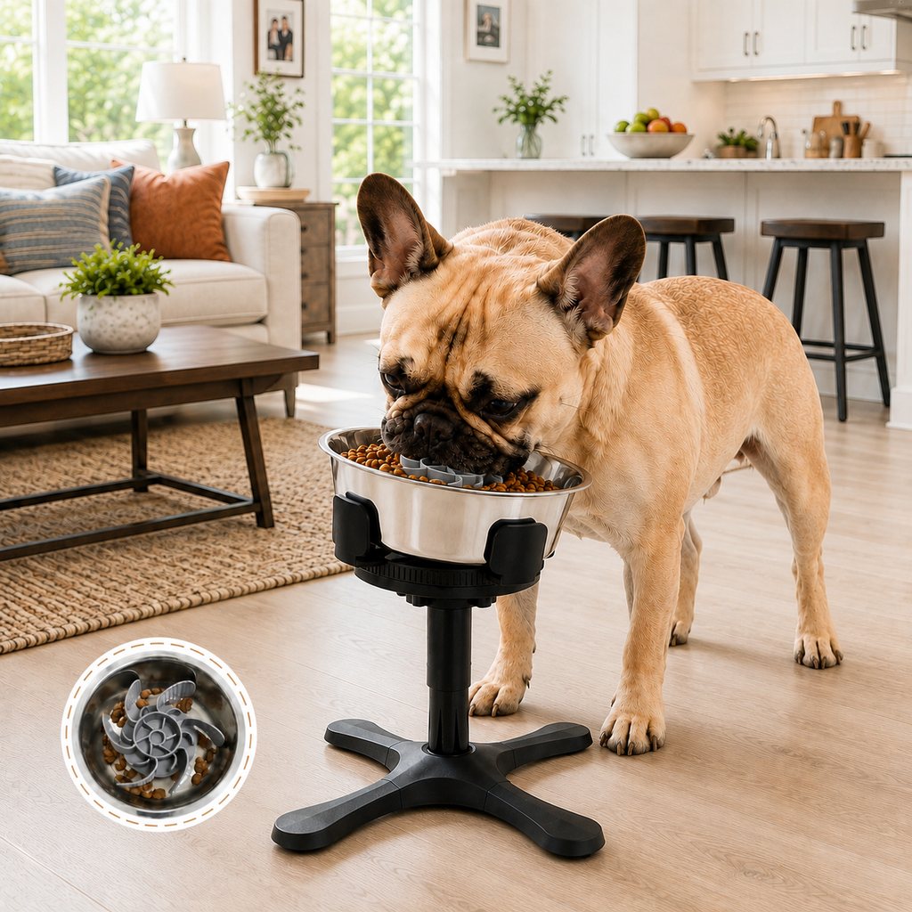 Malloren French Bulldog Adjustable Elevated Tilted Dog Bowl for Kitchen Feeding Corners - 3-Height Stand with Slow Feeder Insert to Reduce Neck Bending & Mess