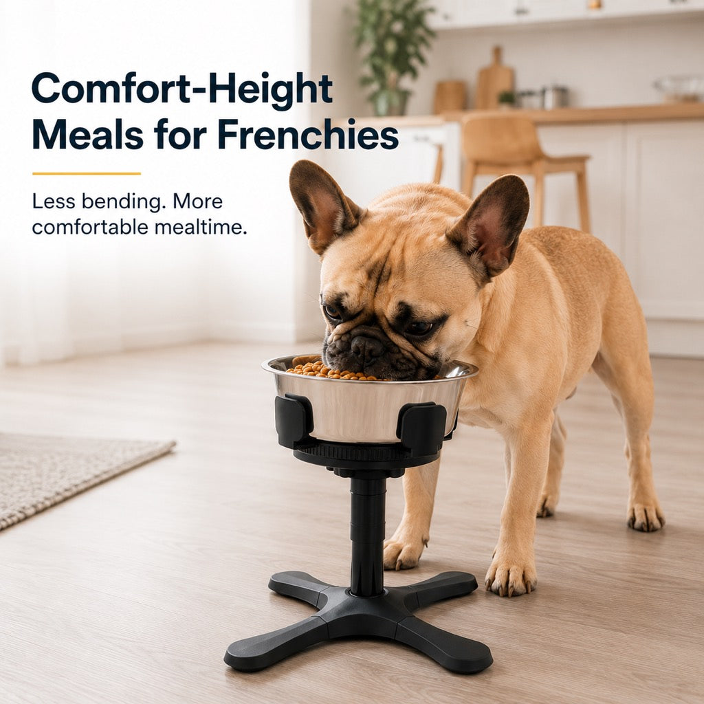 Malloren French Bulldog Adjustable Elevated Tilted Dog Bowl for Kitchen Feeding Corners - 3-Height Stand with Slow Feeder Insert to Reduce Neck Bending & Mess