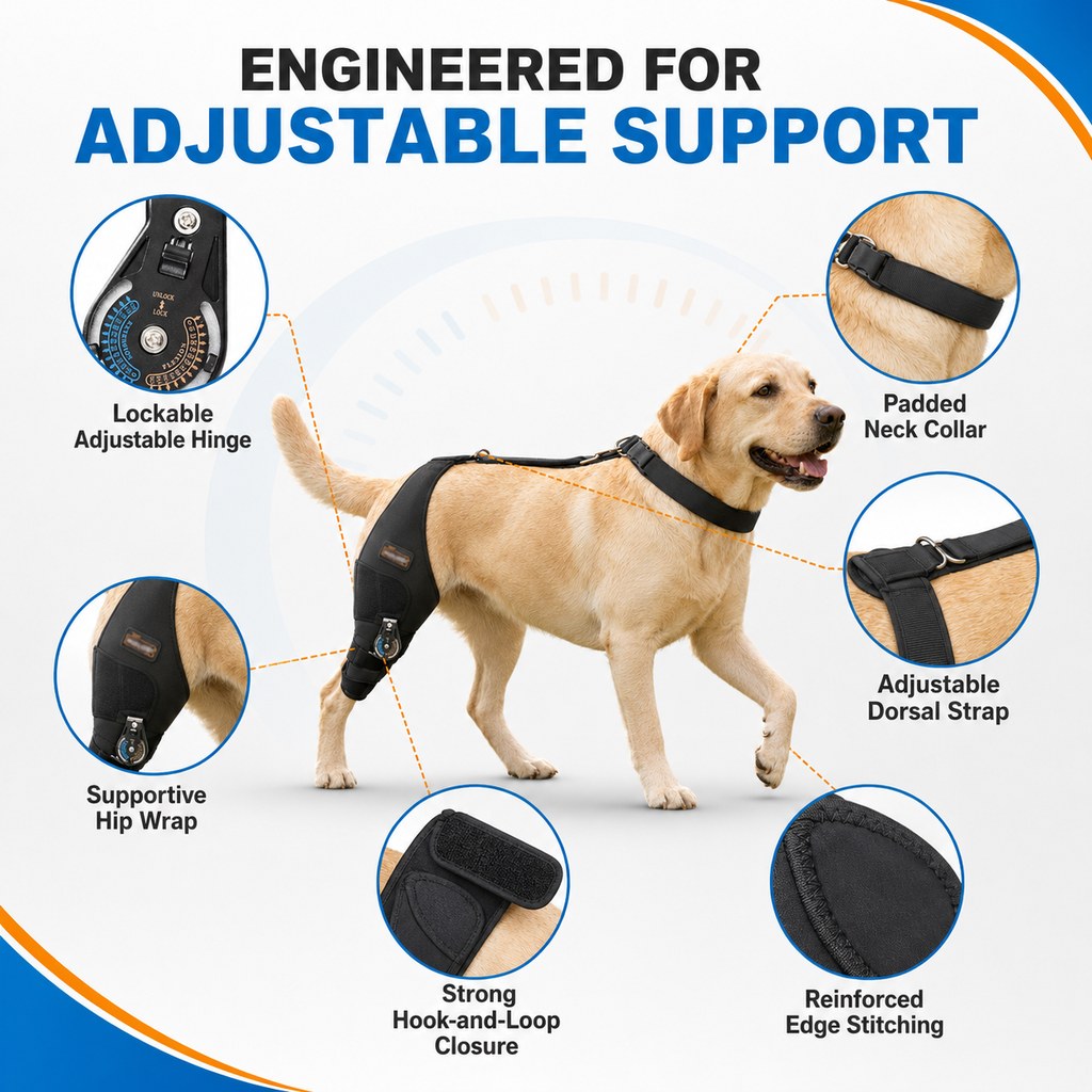 Malloren Adjustable Hinged Dog Knee Brace for Daily Walks - Rear Leg Support for Unsteady Steps