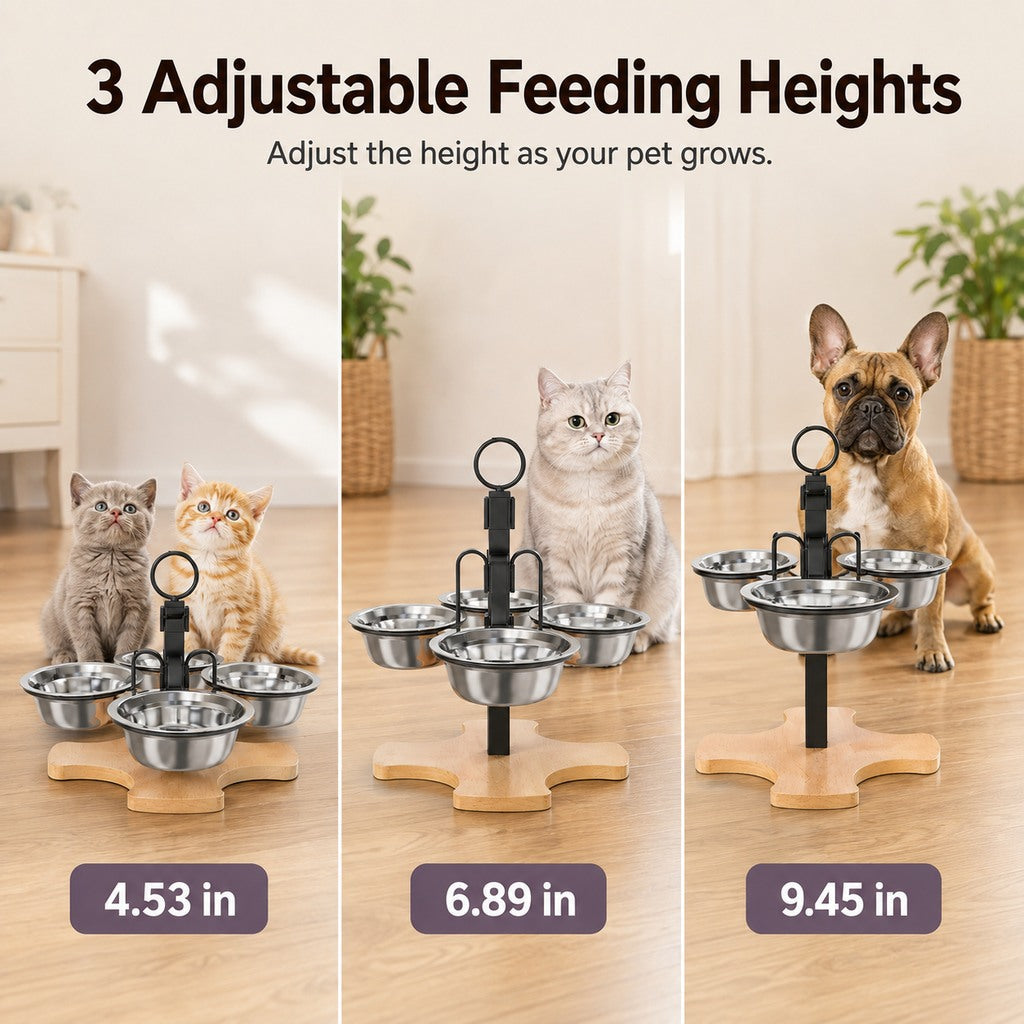 Malloren 4-Bowl Adjustable Elevated Pet Feeder for Cats & Small Dogs - Organized Food and Water Station