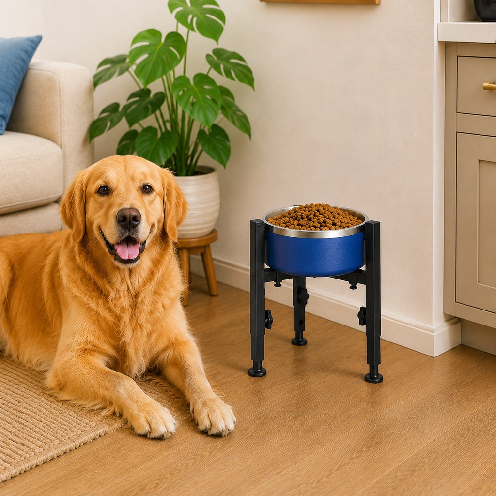 Malloren Adjustable Raised Dog Bowl Stand for Home Feeding - No-Bend Metal Pet Bowl Holder for Cleaner, More Comfortable Meals
