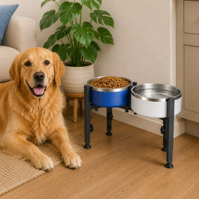 Malloren Adjustable Raised Dog Bowl Stand for Home Feeding - No-Bend Metal Pet Bowl Holder for Cleaner, More Comfortable Meals
