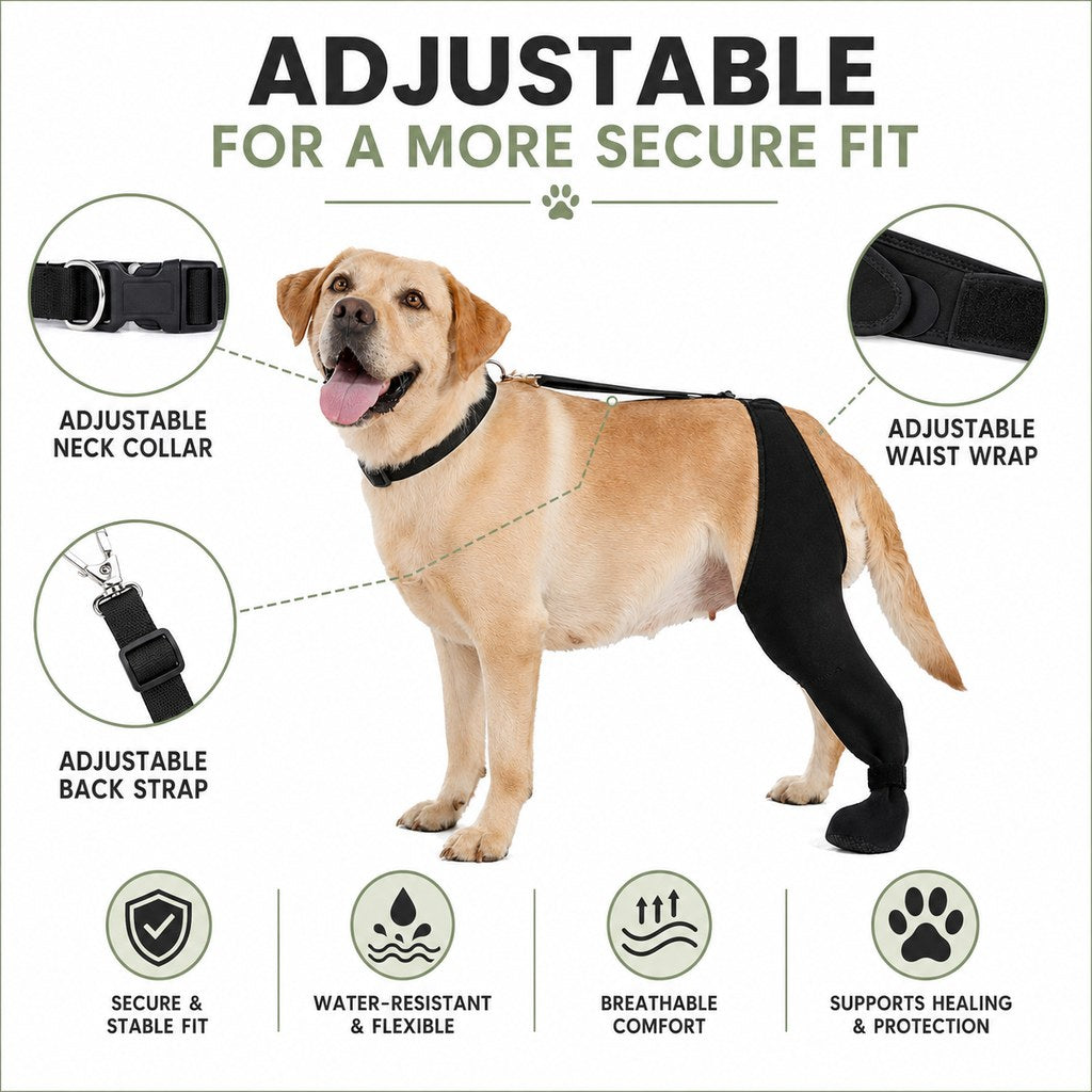 Malloren Adjustable Dog Rear Leg Recovery Sleeve with Paw Cover - Helps Limit Licking During Post-Surgery Rest
