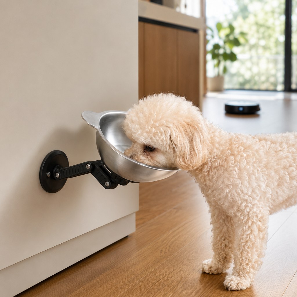 Malloren Adjustable Wall-Mounted Pet Bowl for Cats & Small Dogs - Space-Saving Magnetic Stainless Steel Bowl