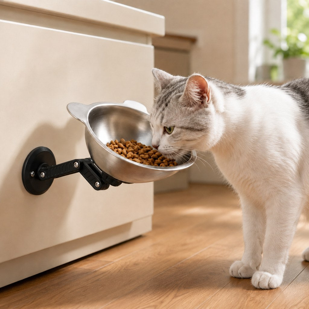 Malloren Adjustable Wall-Mounted Pet Bowl for Cats & Small Dogs - Space-Saving Magnetic Stainless Steel Bowl