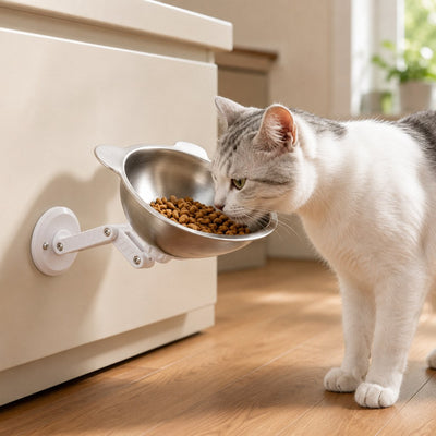 Malloren Adjustable Wall-Mounted Pet Bowl for Cats & Small Dogs - Space-Saving Magnetic Stainless Steel Bowl