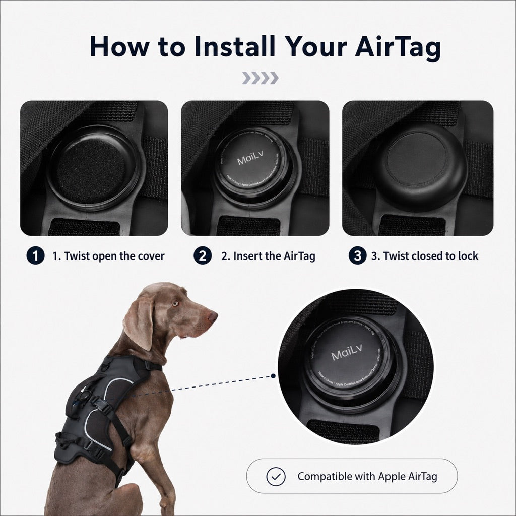 Malloren AirTag-Compatible Escape-Resistant Dog Harness for Outdoor Walks - Secure Control for Dogs That Pull