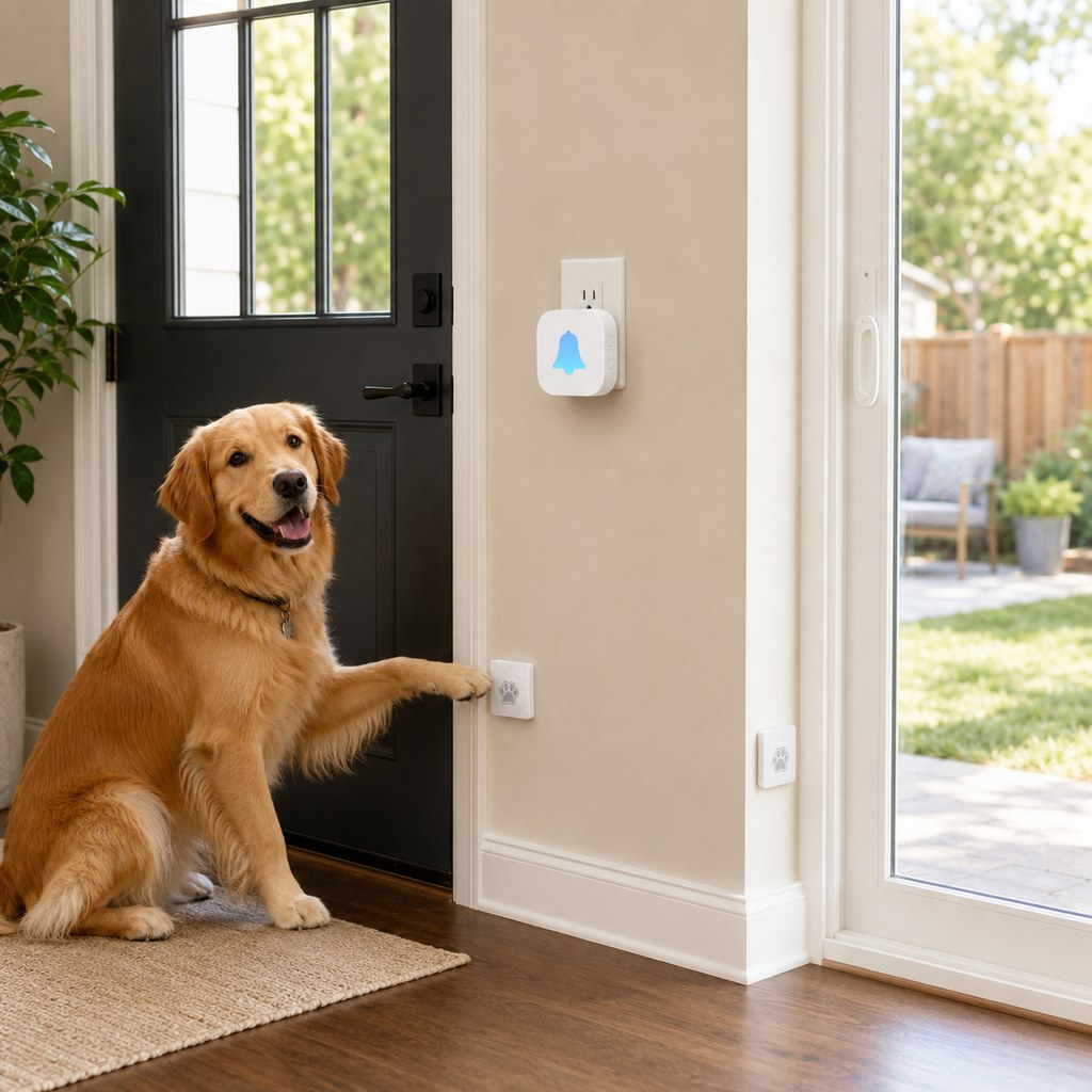 Malloren Wireless Dog Doorbell for Potty Training - Self-Powered Paw Button & Plug-In Chime to Help Dogs Ask to Go Outside