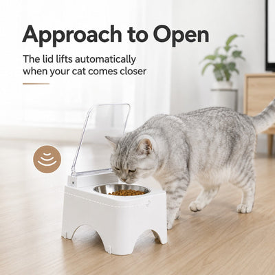 Malloren Smart Auto-Opening Covered Cat Bowl for Cleaner Indoor Feeding - Rechargeable Dustproof Cat Feeder