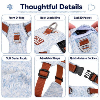 Malloren Vintage Denim No-Pull Dog Harness &5 ft Rope Leash Set - Soft Adjustable Vest for Everyday Walks, Better Control & Low-Light Visibility