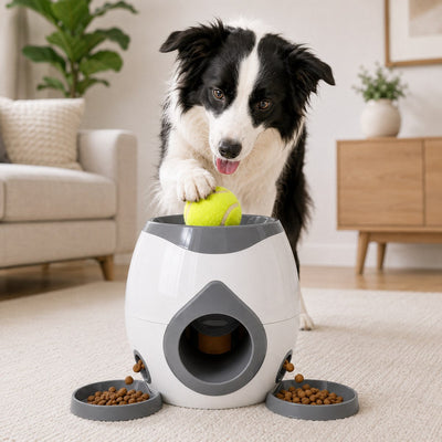 Malloren Ball-Activated Dog Puzzle Feeder for Indoor Play & Slow Eating - Interactive Treat Dispenser Toy with Tennis Balls, Side Trays & Scoop