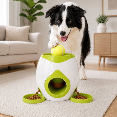 Malloren Ball-Activated Dog Puzzle Feeder for Indoor Play & Slow Eating - Interactive Treat Dispenser Toy with Tennis Balls, Side Trays & Scoop