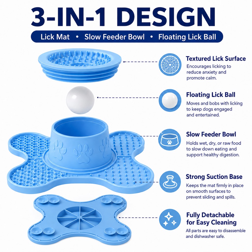 Malloren 3-in-1 Dog Lick Mat & Slow Feeder Bowl for Bath Time, Grooming & Home Alone - Helps Slow Fast Eating and Keep Pets Busy