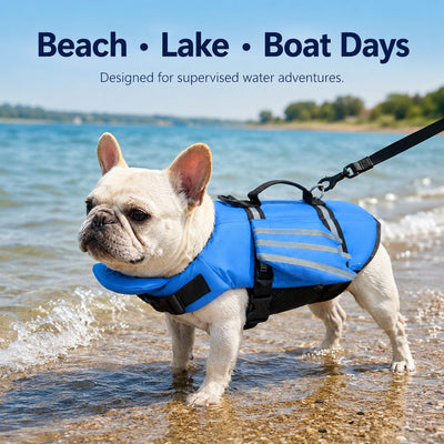 Malloren French Bulldog Pool & Beach Reflective Angel-Wing Dog Life Jacket - Chin Float Support for Flat-Faced Dogs