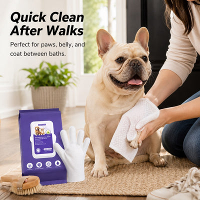 Malloren Frenchie Daily Grooming Kit for After-Walk & Between-Bath Care - Boar Bristle Brush + Rinse-Free Cleaning Gloves