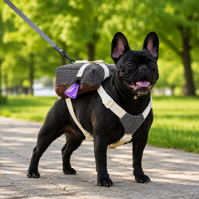 Malloren Frenchie Adventure Backpack Harness for Daily Walks - Carry Poop Bags, Treats & Keys Without Neck Pulling