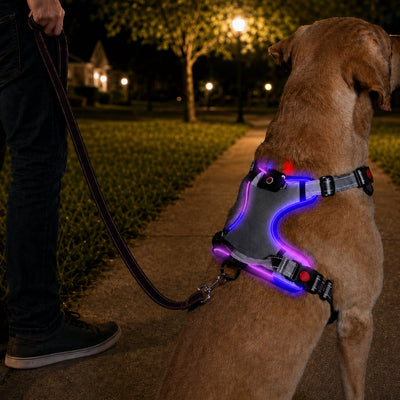 Malloren Rechargeable LED Dog Harness for Night Walks - Back-Panel Glow & Reflective Webbing for Better Low-Light Visibility