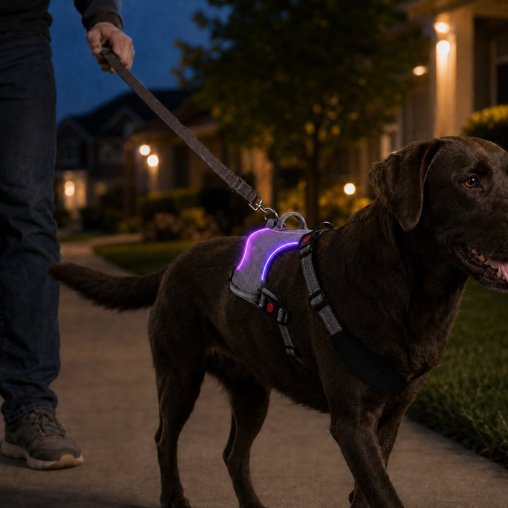 Malloren Rechargeable LED Dog Harness for Night Walks - Back-Panel Glow & Reflective Webbing for Better Low-Light Visibility