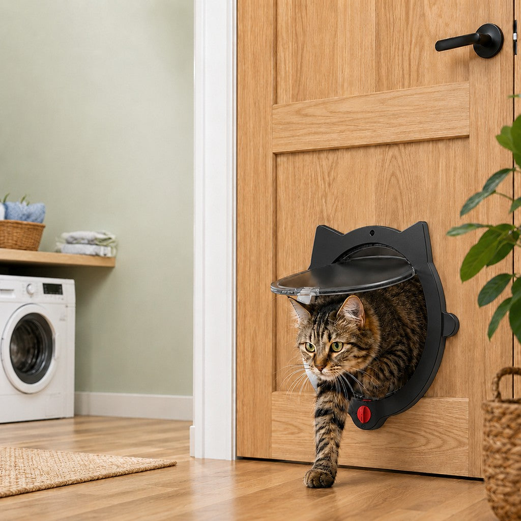 Malloren 4-Way Locking Interior Cat Door for Litter Box Cabinets & Rooms - Private Access Without Door Scratching