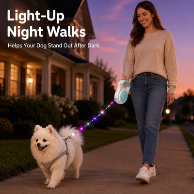 Malloren Rechargeable Light-Up Retractable Dog Leash for Night Walks - Helps Small Dogs Stay Visible & Easy to Control