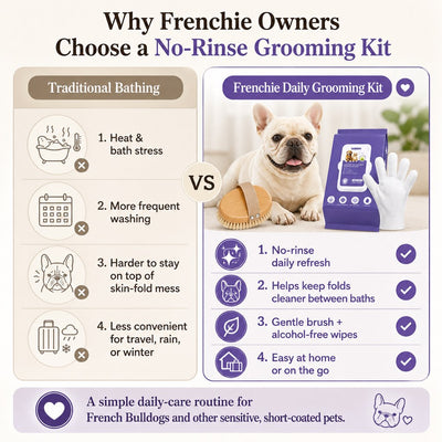 Malloren Frenchie Daily Grooming Kit for After-Walk & Between-Bath Care - Boar Bristle Brush + Rinse-Free Cleaning Gloves