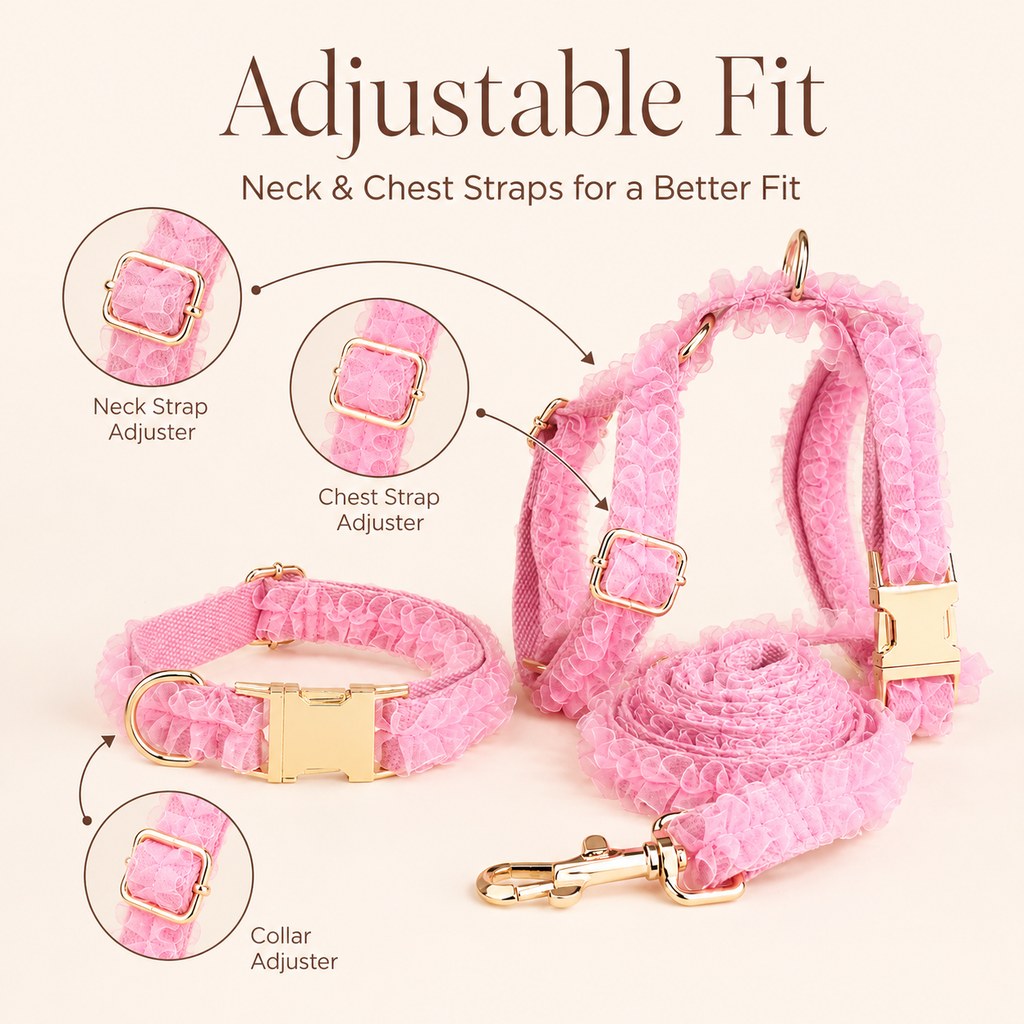 Malloren Boutique Lace Dog Harness, Collar & Leash Set for Birthday Photos & Daily Walks - 3-Piece Ruffle Walking Set