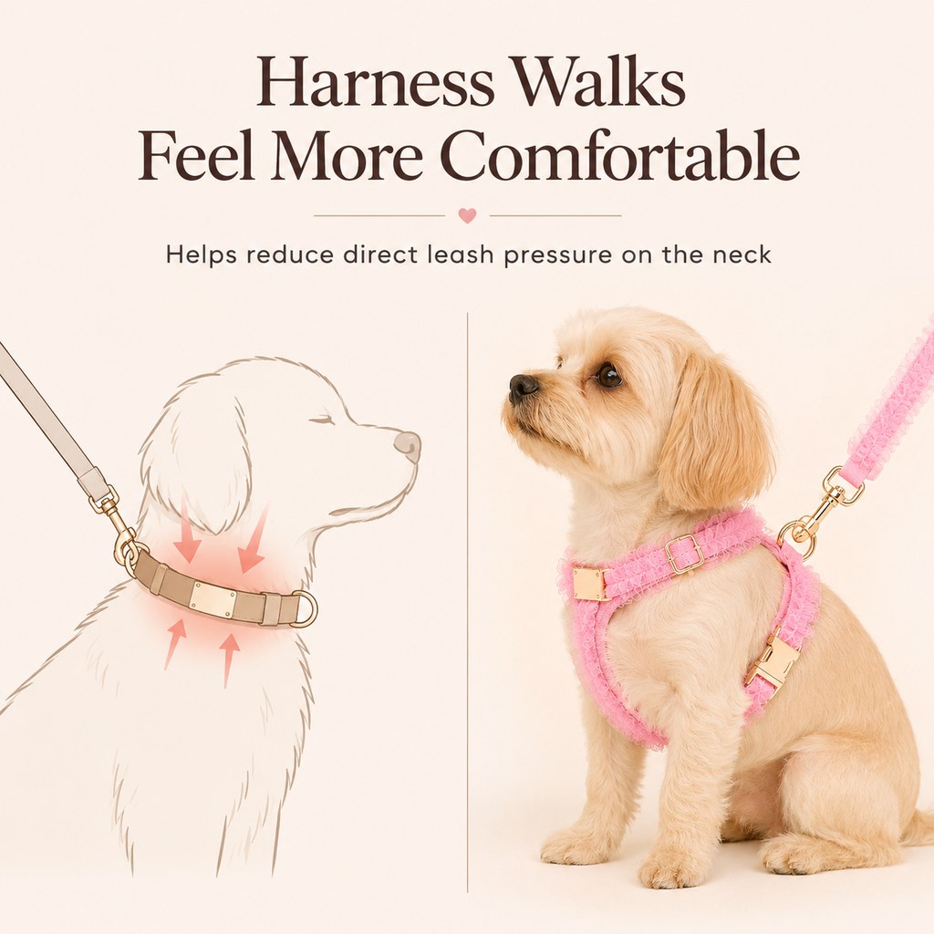Malloren Boutique Lace Dog Harness, Collar & Leash Set for Birthday Photos & Daily Walks - 3-Piece Ruffle Walking Set