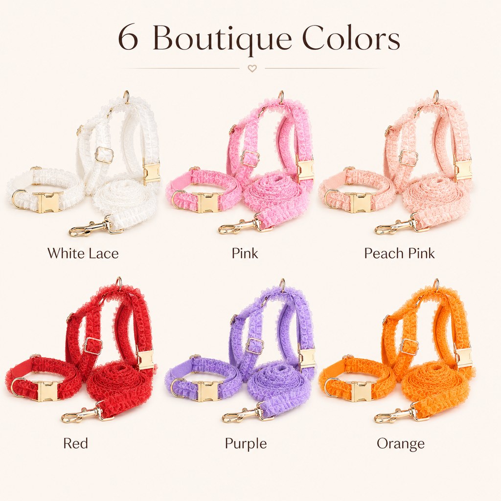 Malloren Boutique Lace Dog Harness, Collar & Leash Set for Birthday Photos & Daily Walks - 3-Piece Ruffle Walking Set