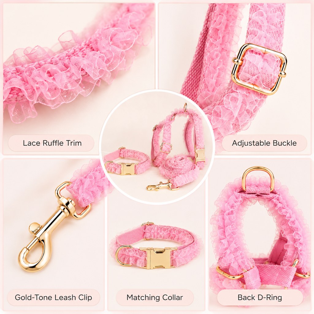 Malloren Boutique Lace Dog Harness, Collar & Leash Set for Birthday Photos & Daily Walks - 3-Piece Ruffle Walking Set