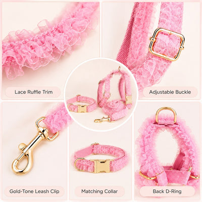 Malloren Boutique Lace Dog Harness, Collar & Leash Set for Birthday Photos & Daily Walks - 3-Piece Ruffle Walking Set