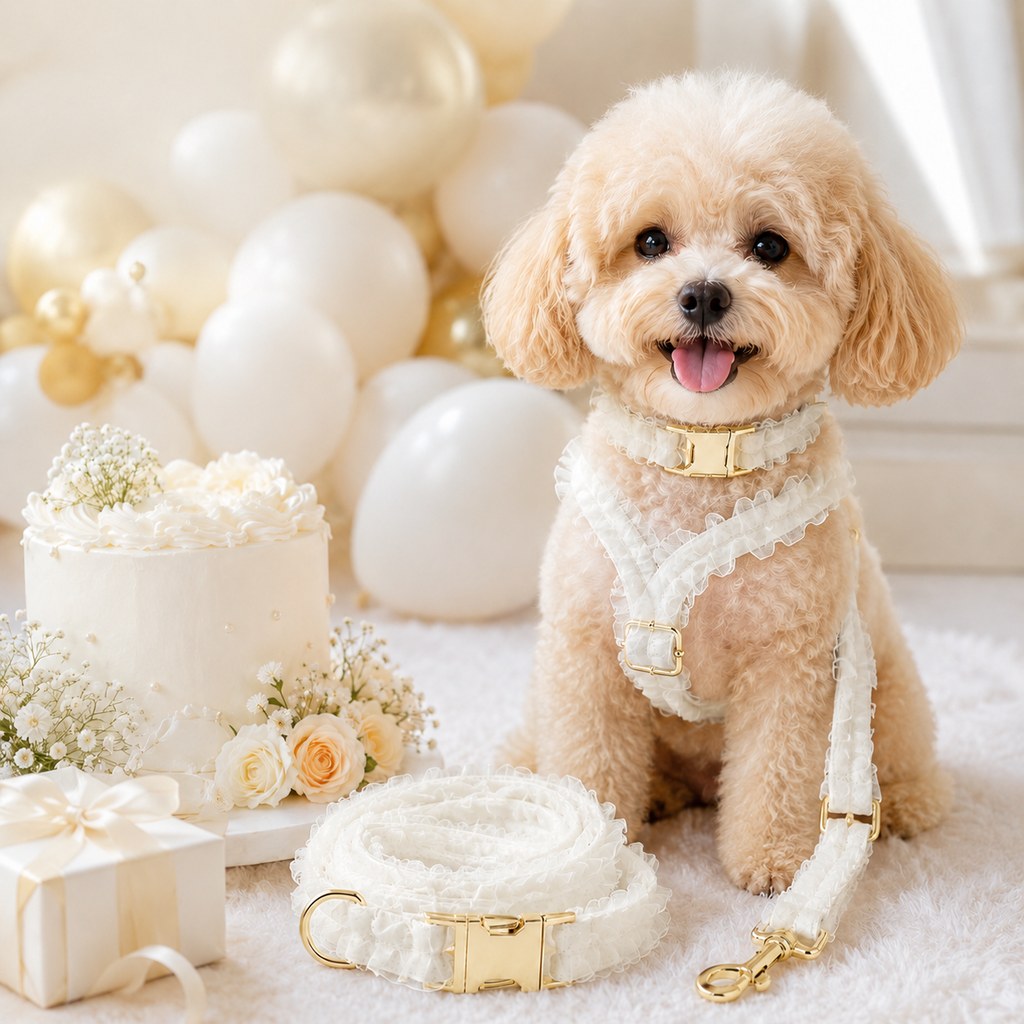 Malloren Boutique Lace Dog Harness, Collar & Leash Set for Birthday Photos & Daily Walks - 3-Piece Ruffle Walking Set