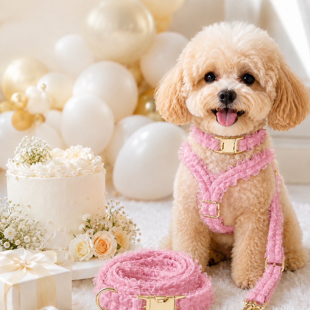 Malloren Boutique Lace Dog Harness, Collar & Leash Set for Birthday Photos & Daily Walks - 3-Piece Ruffle Walking Set