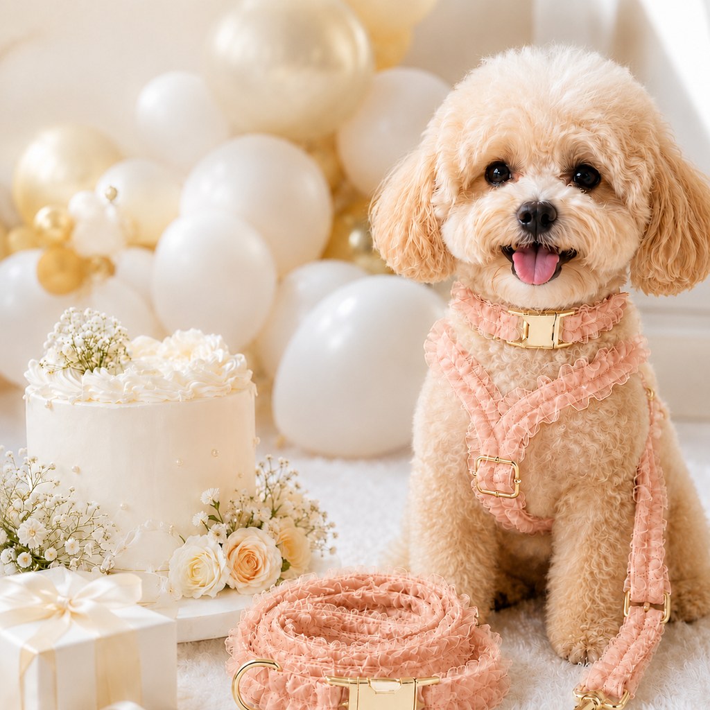 Malloren Boutique Lace Dog Harness, Collar & Leash Set for Birthday Photos & Daily Walks - 3-Piece Ruffle Walking Set