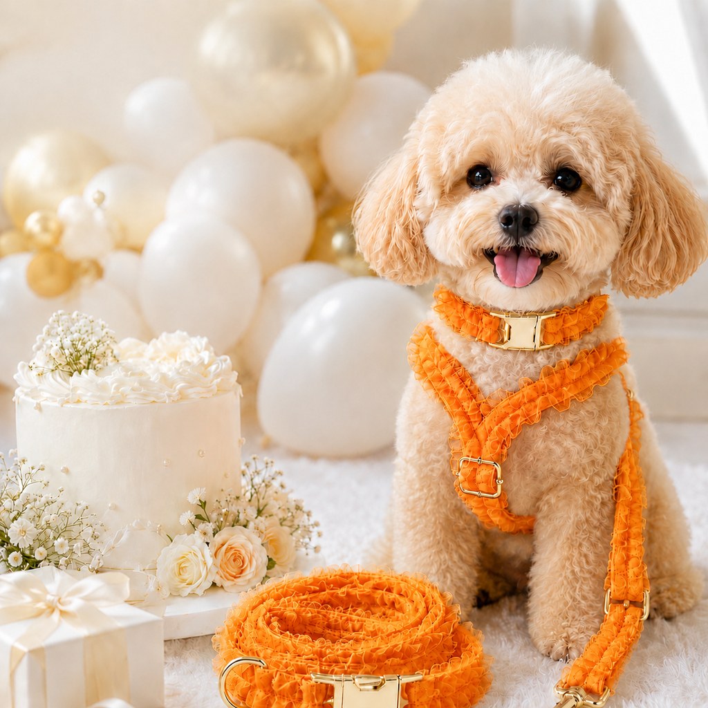 Malloren Boutique Lace Dog Harness, Collar & Leash Set for Birthday Photos & Daily Walks - 3-Piece Ruffle Walking Set