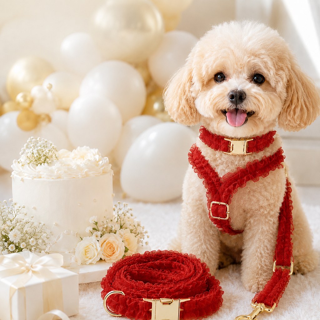 Malloren Boutique Lace Dog Harness, Collar & Leash Set for Birthday Photos & Daily Walks - 3-Piece Ruffle Walking Set