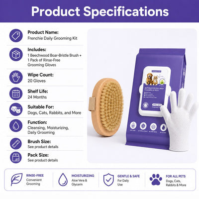 Malloren Frenchie Daily Grooming Kit for After-Walk & Between-Bath Care - Boar Bristle Brush + Rinse-Free Cleaning Gloves