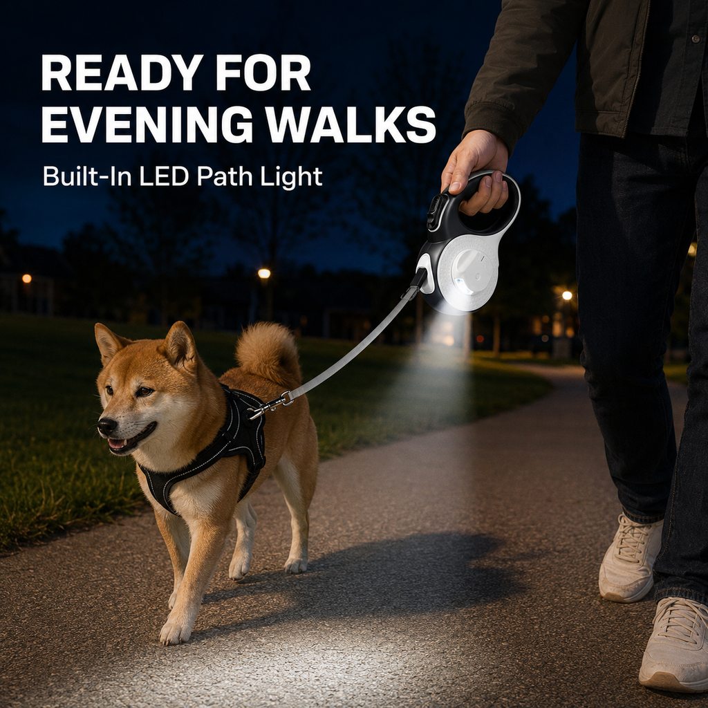 Malloren LED Retractable Dog Leash for Evening Walks - Built-In Path Light, One-Hand Brake & 9.8/16.4 FT Range