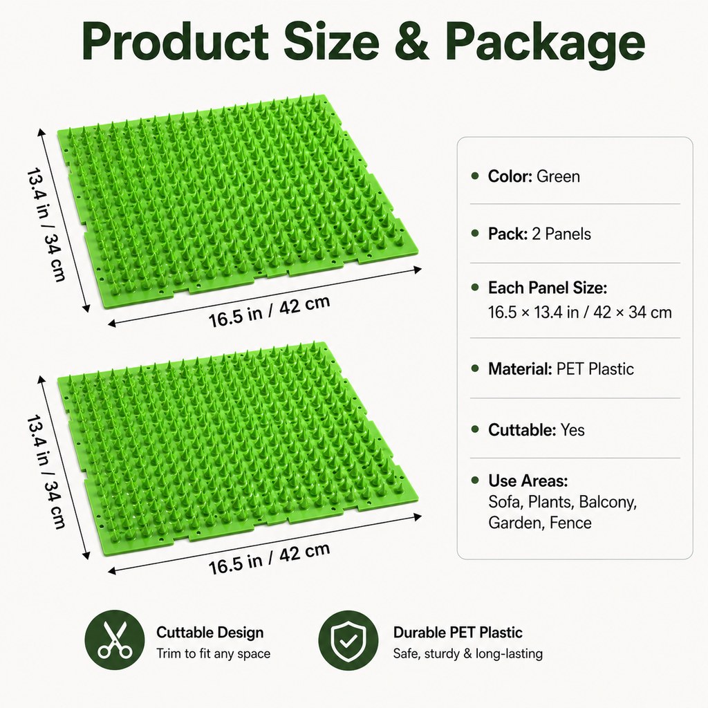 Malloren 2-Pack Green Cut-to-Fit Cat Deterrent Mat for Sofas, Plants & Balconies - Helps Protect Furniture from Scratching, Digging & Curious Paws