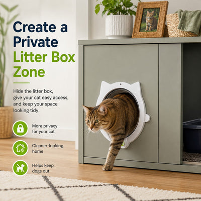 Malloren 4-Way Locking Interior Cat Door for Litter Box Cabinets & Rooms - Private Access Without Door Scratching